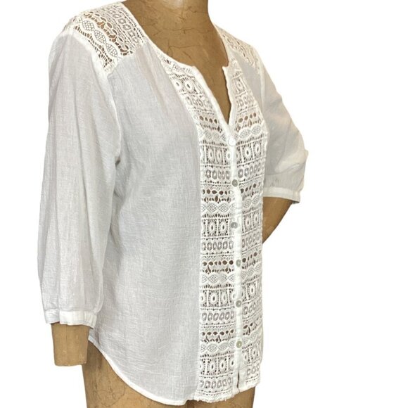 Chico's White 100% Cotton Crochet-Button-Up Peasant Top Sz 2 (L/12) #304F - Picture 3 of 8